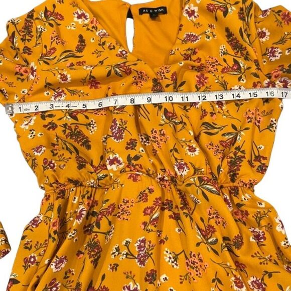 As U Wish Mustard Floral Dress Split Bell Sleeves Lined Women's Size Small - Picture 7 of 10